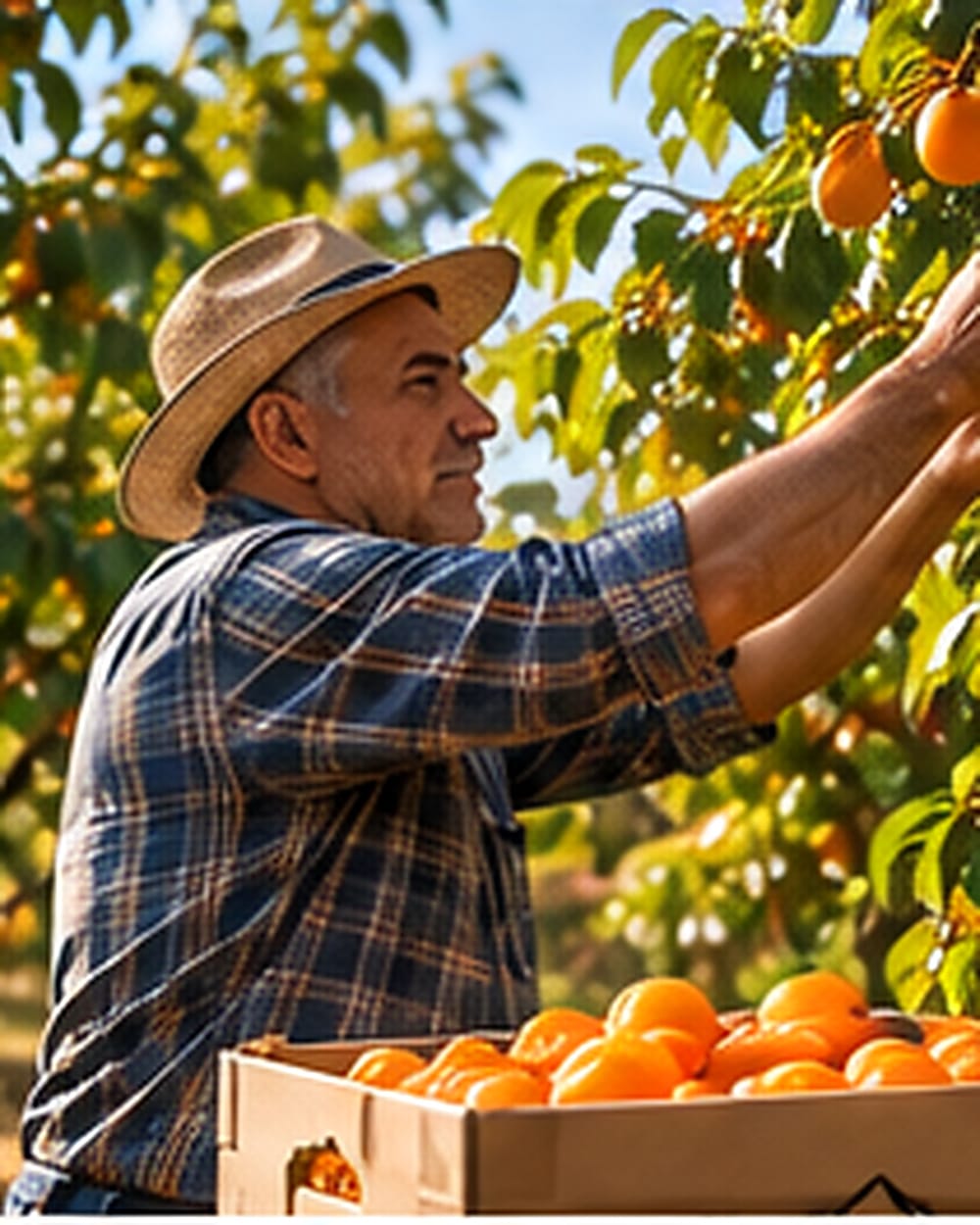 A producer harvesting fruit in an orchard