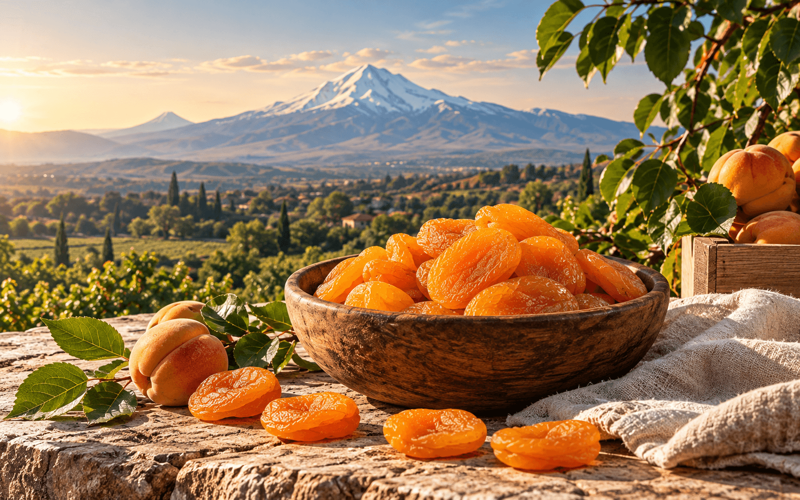 Dried apricots arranged on a wooden table in warm natural light